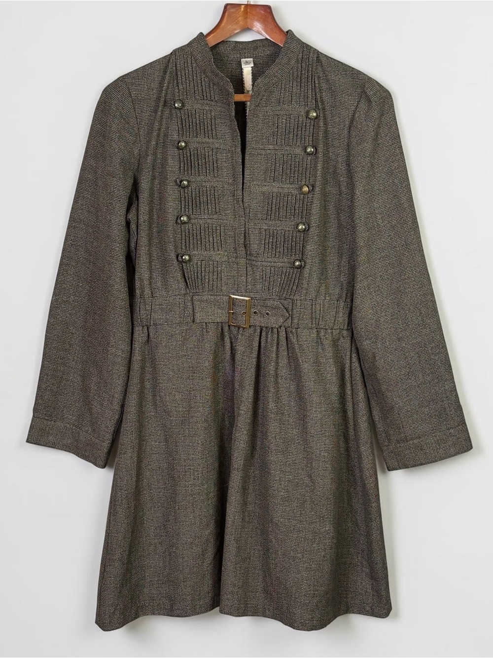 Uncle Frank Micro Houndstooth Pleated Military Dress Size L Brown 72406